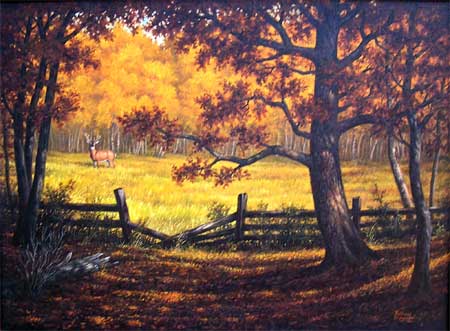 Oil painting of a grouse perched above lake.