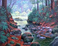 Oil painting of woodland stream.