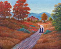 Oil painting of two Sisters walking towards Cathedral.