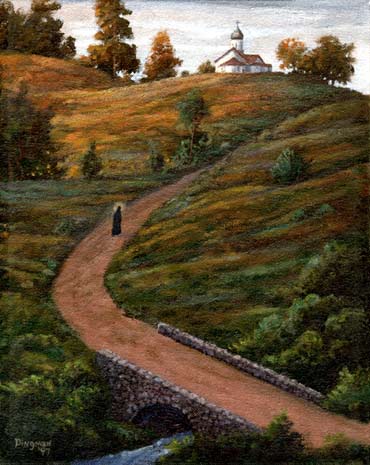 Oil painting of monk on road to church.