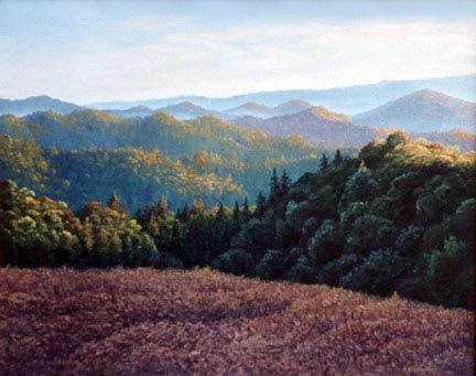 Oil painting of vista from Bear
      Creek Road in the evening.