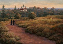 Oil painting of nuns walking to Vespers.