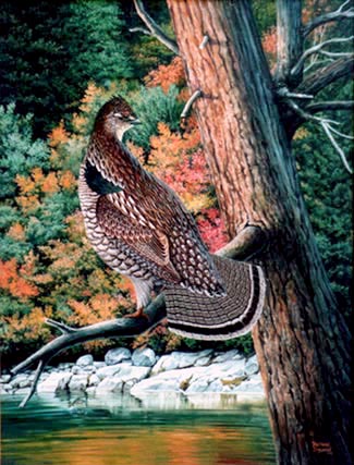 Oil painting of a grouse perched above lake.