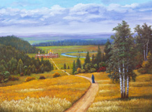 Oil painting of woman monastic walking to a church in distance.