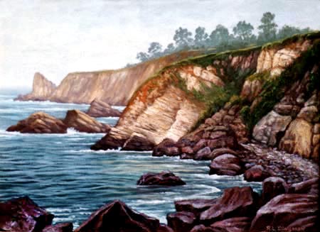 Oil painting of ocean & cliffs near Ft. Ross.