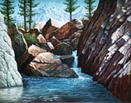 Oil painting of mountain pool.