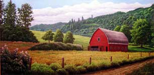 Oil painting of red barn in field.