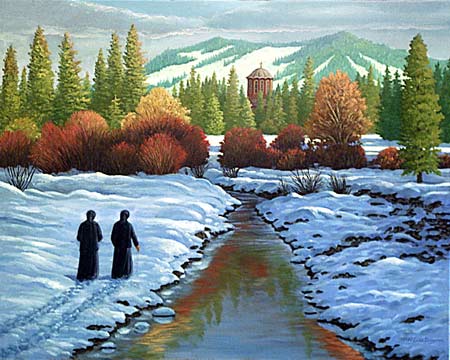 Oil painting of nuns walking to Matins.