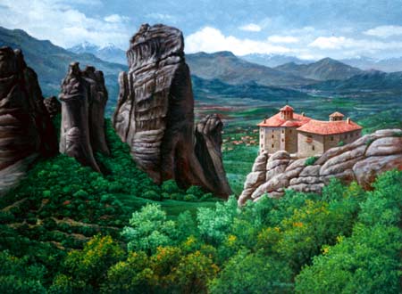 Oil painting of monastery.