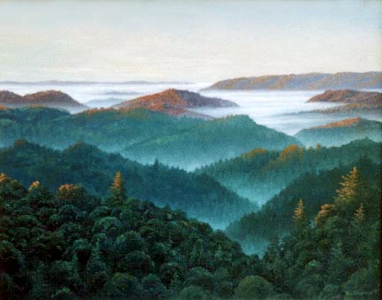 Oil painting of vista from Bear
      Creek Road in the morning.