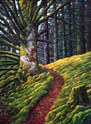 Oil painting of moss lined trail in
      Alaska.