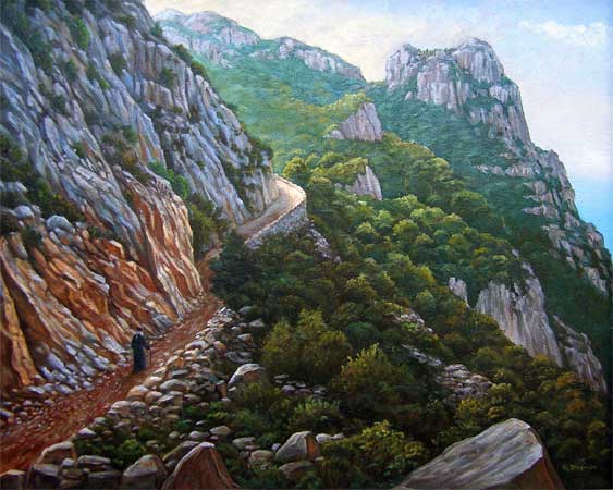 Oil painting of trail up Mt. Athos, Greece.