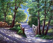 Oil painting of country road with gate.