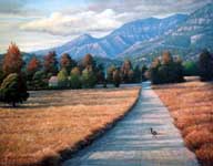 Oil painting of pheasant crossing road.