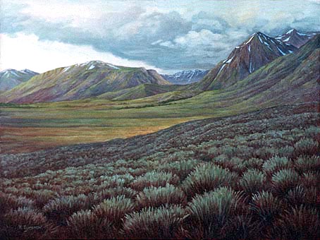 Oil painting of sage brush in the Sierra's.