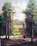 Oil painting of monk on road to cathedral.