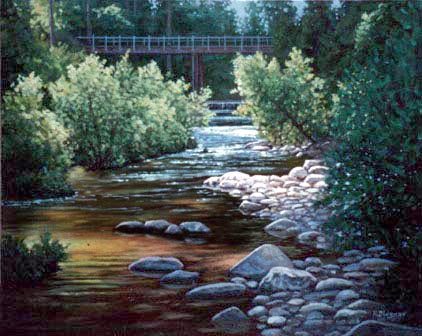 Oil painting of an abandoned bridge on 
      the San Lorenzo River just below the artist's studio.