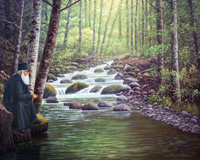 Oil painting of monk sitting on bank of creek.