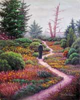 Oil painting of monk on winding path.