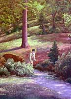 painting of 	           Monk walking along road.