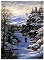 Oil painting of monk on snowy trail.